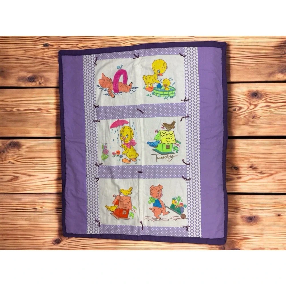 VTG Handmade Baby Quilt Hand Embroidery Farm Animals And Birds 30
